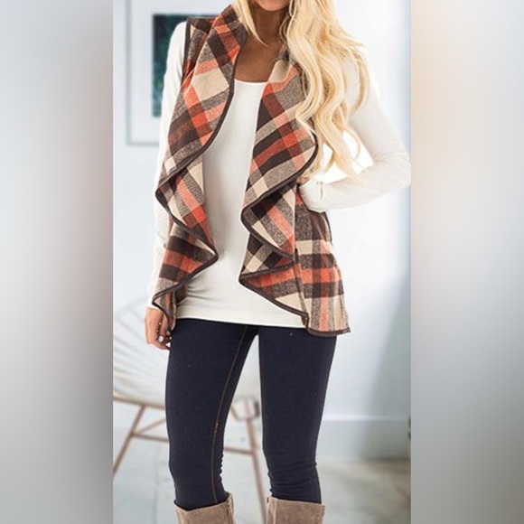 Yacun Jackets & Blazers - Plaid Vest Lapel Open Front Sleeveless Jacket Outerwear Cardigan with Pockets